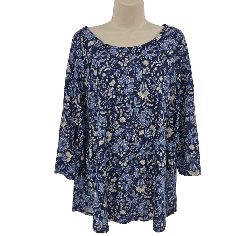 Rachel Zoe Linen Top Women 2X Blue Floral Scoop Neck Tunic Beachy Coastal Resort - Picture 1 of 11